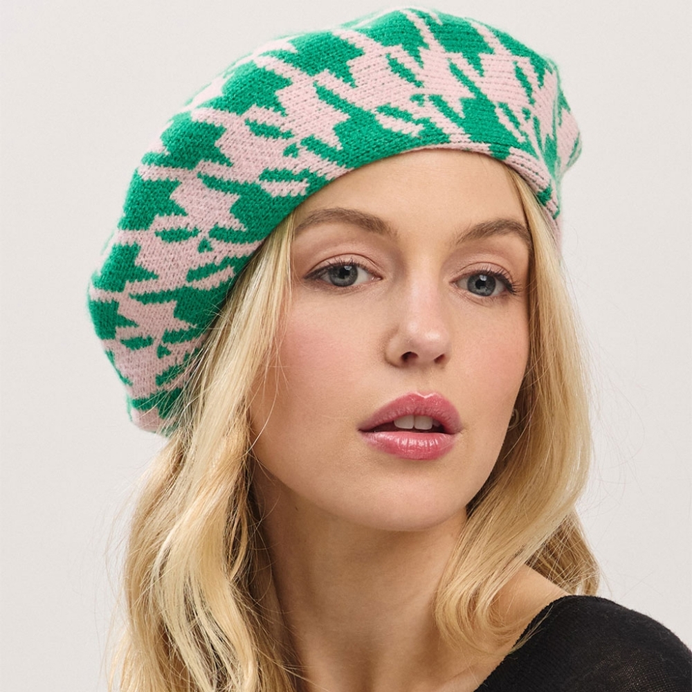 Pink & Green Houndstooth Pattern Print Fashion Statement Knit Beret Hat